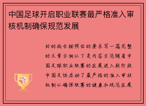 中国足球开启职业联赛最严格准入审核机制确保规范发展